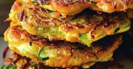 Beignets croustillants de courgettes et carottes dorés à la poêle, servis chauds avec une sauce yaourt citronnée et des herbes fraîches.