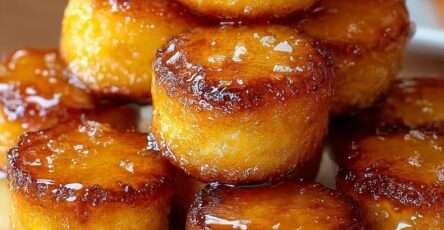 Petites bouchées de pain de maïs dorées, moelleuses à l’intérieur, brillamment glacées au miel et servies chaudes sur une assiette.