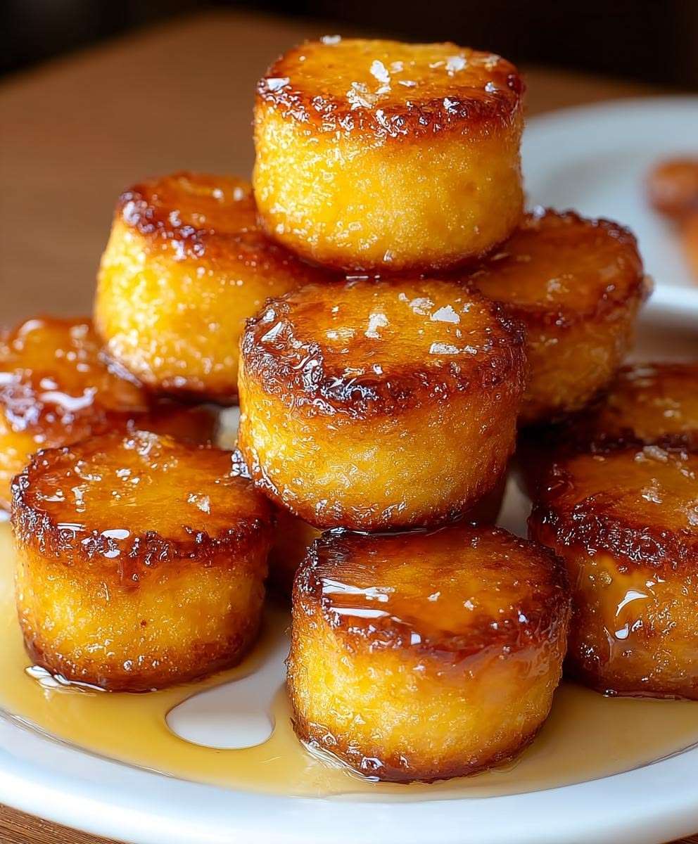 Petites bouchées de pain de maïs dorées, moelleuses à l’intérieur, brillamment glacées au miel et servies chaudes sur une assiette.