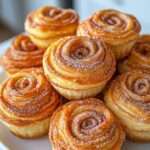 Bouchées cheesecake churros dorées, roulées dans un mélange sucre et cannelle, avec cœur crémeux au fromage frais, servies sur une assiette.