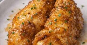 Aiguillettes de poulet panées et dorées, nappées d’une sauce au miel brillante légèrement caramélisée, servies chaudes avec persil frais.