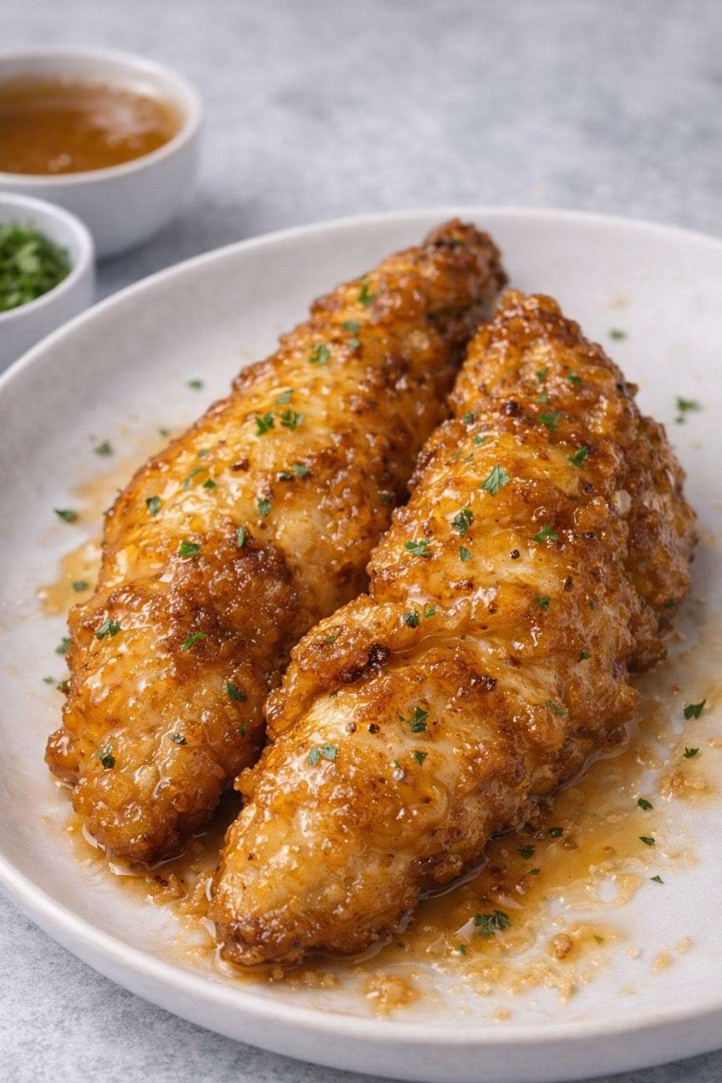Aiguillettes de poulet panées et dorées, nappées d’une sauce au miel brillante légèrement caramélisée, servies chaudes avec persil frais.