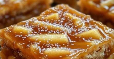 Carrés pommede tarte aux pommes avec base sablée dorée, morceaux de pommes fondants et nappage brillant de caramel au beurre salé.