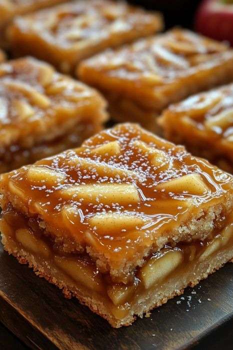 Carrés pommede tarte aux pommes avec base sablée dorée, morceaux de pommes fondants et nappage brillant de caramel au beurre salé.