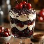 Verrine forêt-noire avec couches de gâteau au chocolat, chantilly maison, cerises juteuses et copeaux de chocolat noir.