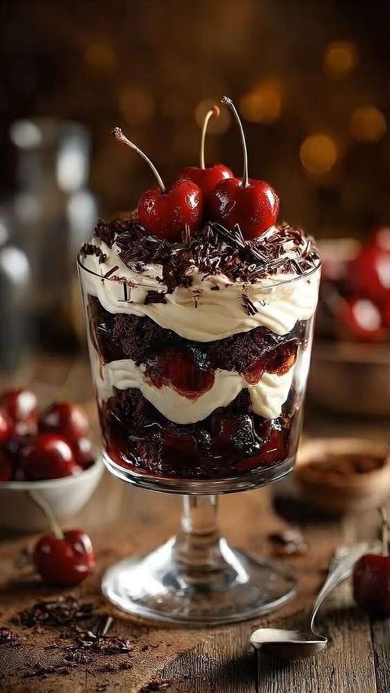 Verrine forêt-noire avec couches de gâteau au chocolat, chantilly maison, cerises juteuses et copeaux de chocolat noir.