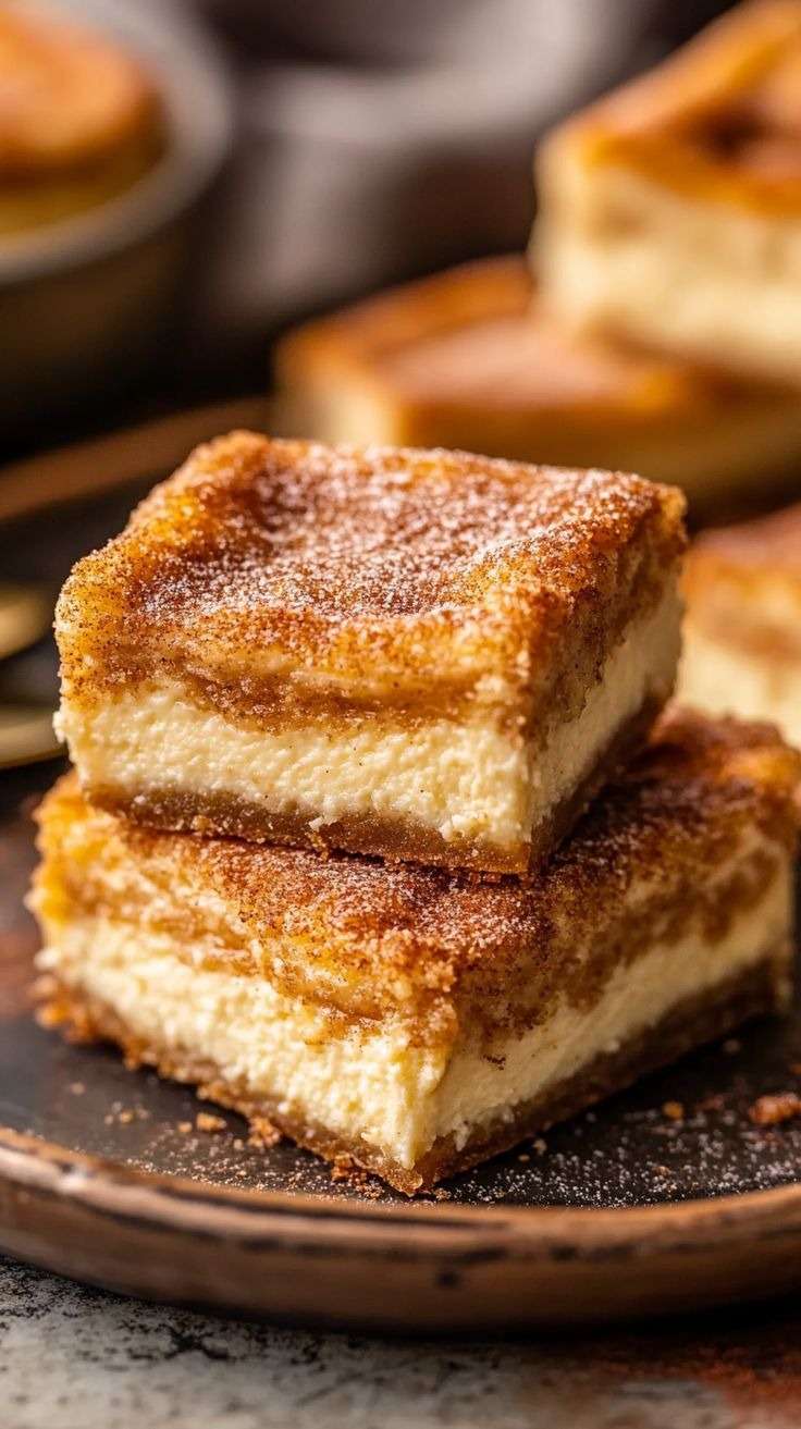 Carrés cheesecake churros dorés avec cœur crémeux au fromage frais et finition sucre-cannelle, servis sur une assiette.