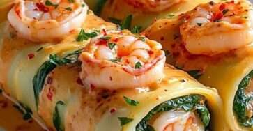Plat de rouleaux de pâtes farcis aux crevettes, épinards et ricotta, nappés d’une sauce crémeuse au poivron rôti, servis chauds avec persil frais.