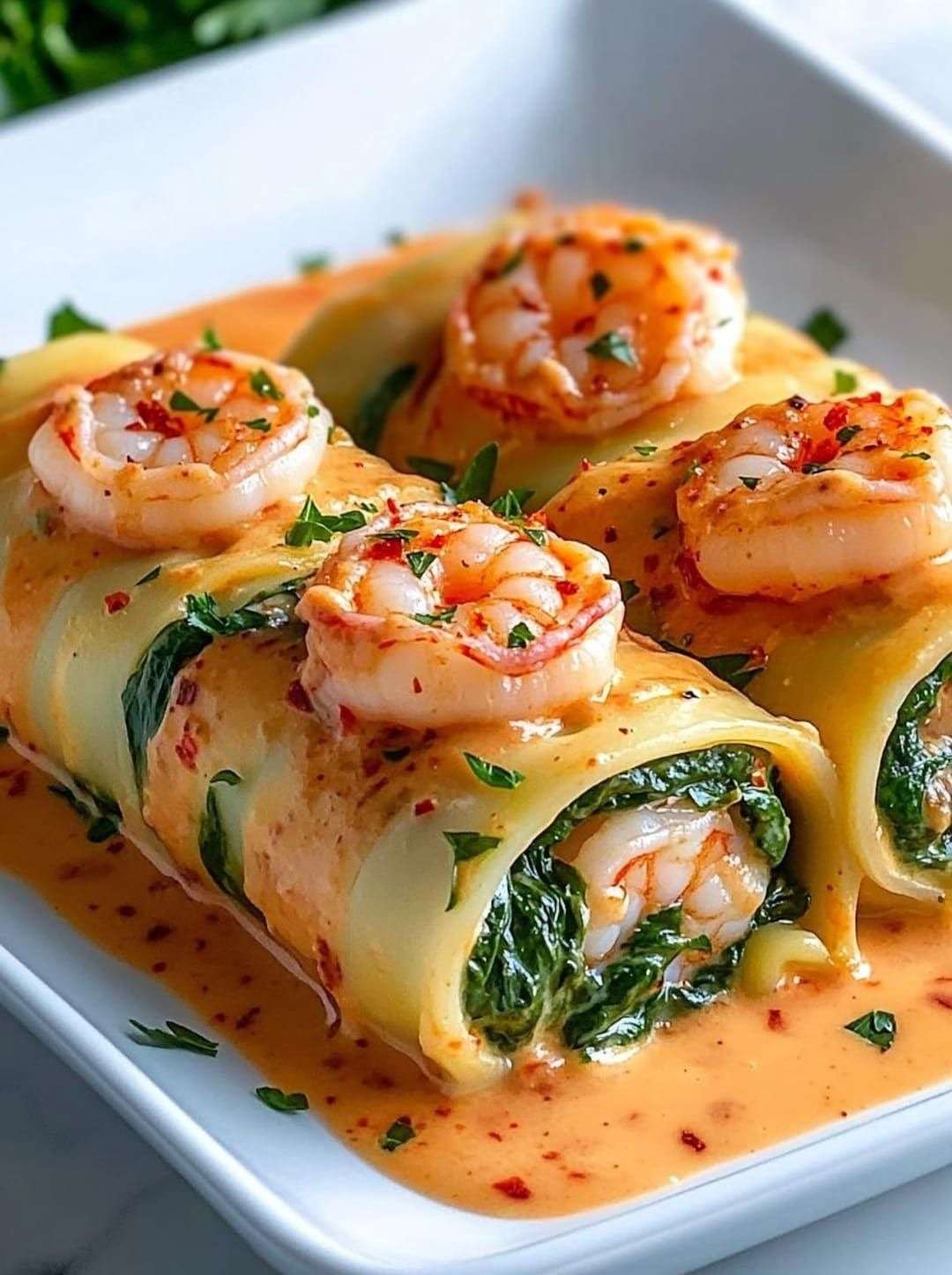 Plat de rouleaux de pâtes farcis aux crevettes, épinards et ricotta, nappés d’une sauce crémeuse au poivron rôti, servis chauds avec persil frais.