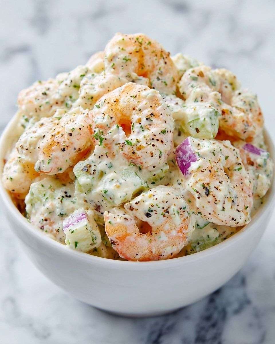 Bol de salade de crevettes façon deli new-yorkais avec mayonnaise, céleri croquant, oignon rouge et herbes fraîches, servi sur pain grillé.