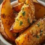 Quartiers de pommes de terre rôtis au four avec ail, parmesan et persil frais, dorés et croustillants servis sur une plaque de cuisson.