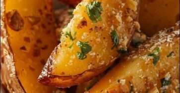 Quartiers de pommes de terre rôtis au four avec ail, parmesan et persil frais, dorés et croustillants servis sur une plaque de cuisson.