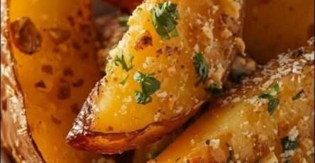 Quartiers de pommes de terre rôtis au four avec ail, parmesan et persil frais, dorés et croustillants servis sur une plaque de cuisson.