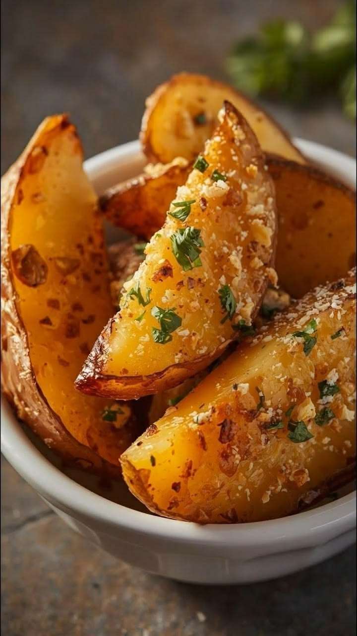 Quartiers de pommes de terre rôtis au four avec ail, parmesan et persil frais, dorés et croustillants servis sur une plaque de cuisson.