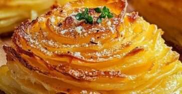 Mille-feuille de pommes de terre croustillant au parmesan avec couches fines dorées au four, servi chaud avec persil frais et texture fondante.