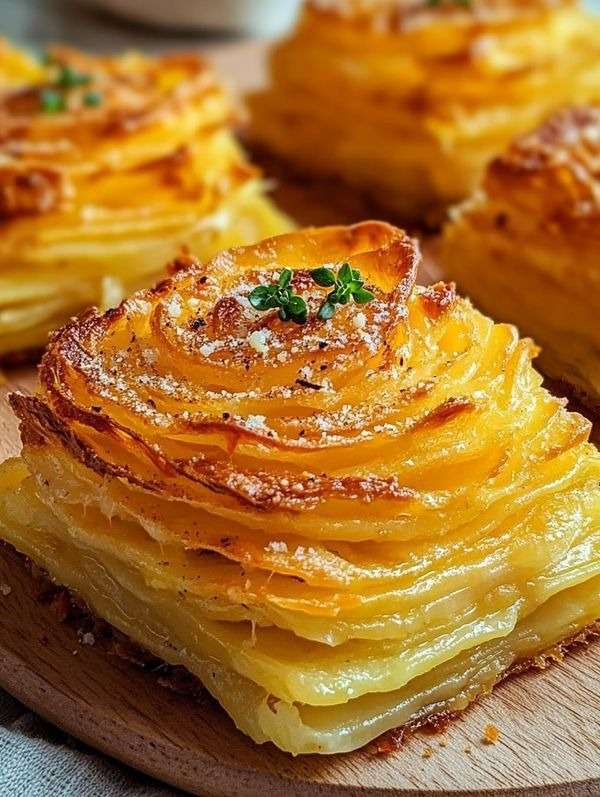 Mille-feuille de pommes de terre croustillant au parmesan avec couches fines dorées au four, servi chaud avec persil frais et texture fondante.
