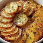 Rondelles de pommes de terre croustillantes au beurre et à l’ail rôties au four, dorées avec parmesan fondu et persil frais.