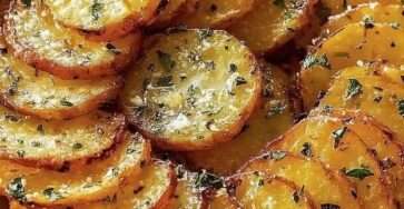 Rondelles de pommes de terre croustillantes au beurre et à l’ail rôties au four, dorées avec parmesan fondu et persil frais.