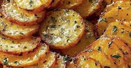 Rondelles de pommes de terre croustillantes au beurre et à l’ail rôties au four, dorées avec parmesan fondu et persil frais.