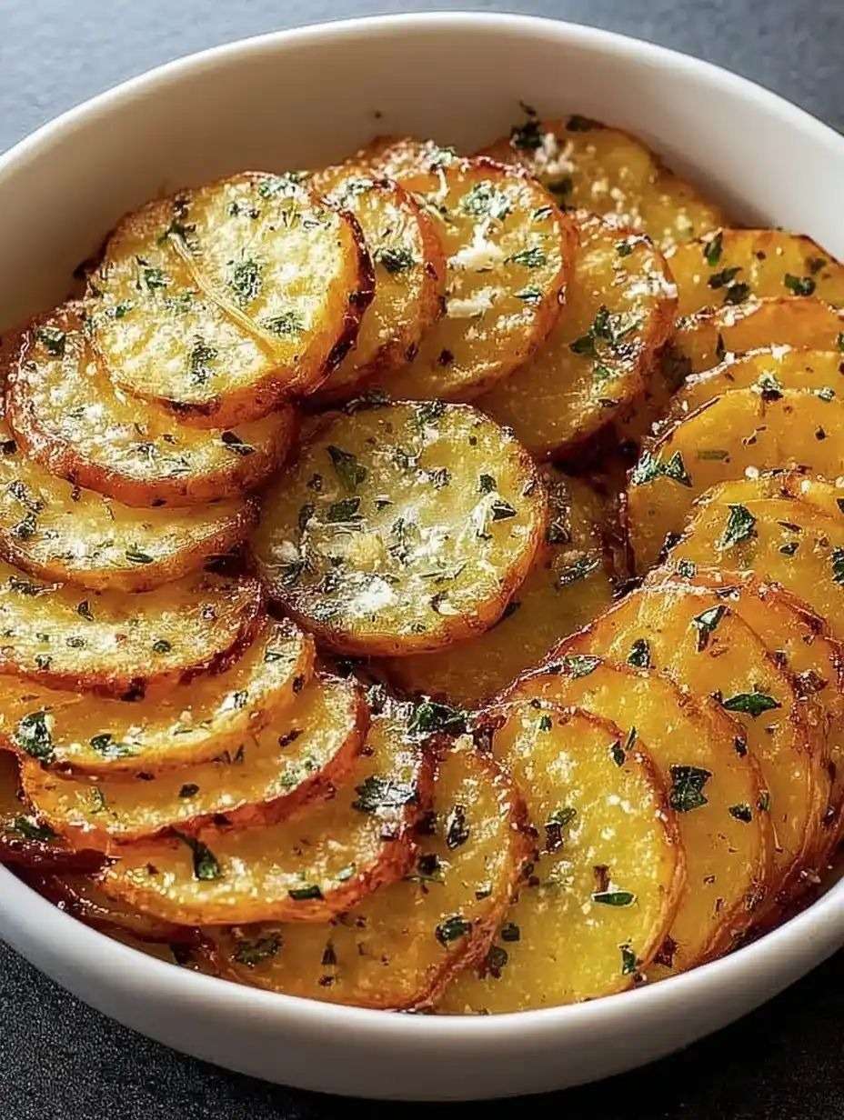 Rondelles de pommes de terre croustillantes au beurre et à l’ail rôties au four, dorées avec parmesan fondu et persil frais.