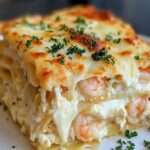 Plat de lasagnes crémeuses aux crevettes avec couches de pâtes, ricotta et fromage gratiné doré au four, garni de persil frais.