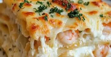 Plat de lasagnes crémeuses aux crevettes avec couches de pâtes, ricotta et fromage gratiné doré au four, garni de persil frais.