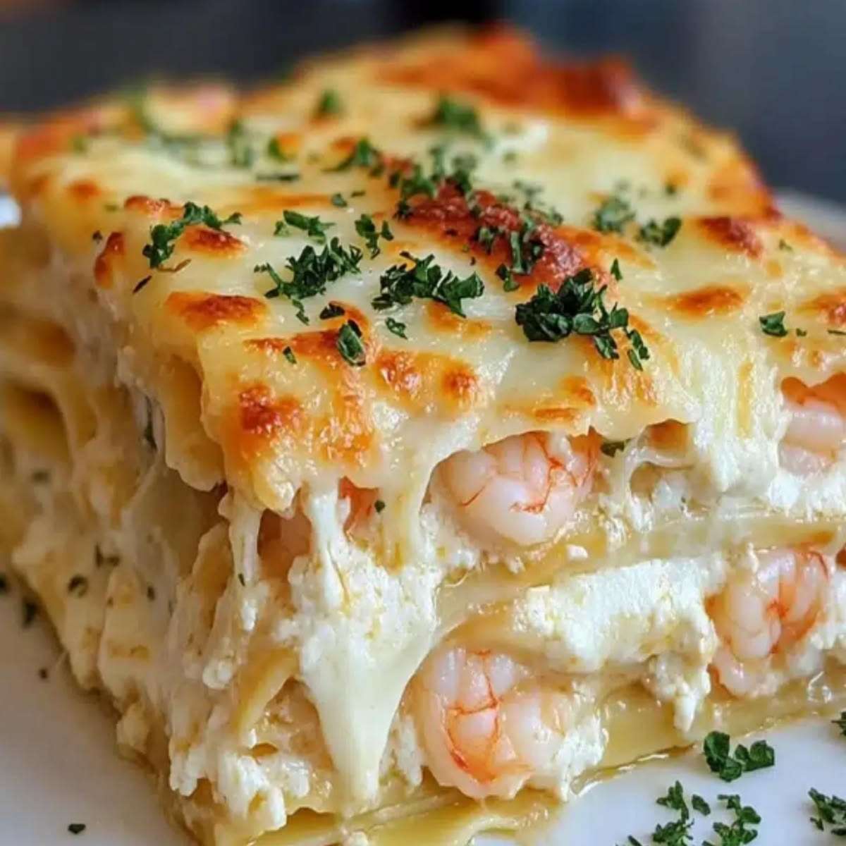 Plat de lasagnes crémeuses aux crevettes avec couches de pâtes, ricotta et fromage gratiné doré au four, garni de persil frais.