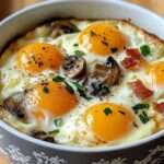 Ramequins d’œufs cocotte aux champignons et lardons avec crème et fromage gratiné, jaunes coulants et ciboulette fraîche.