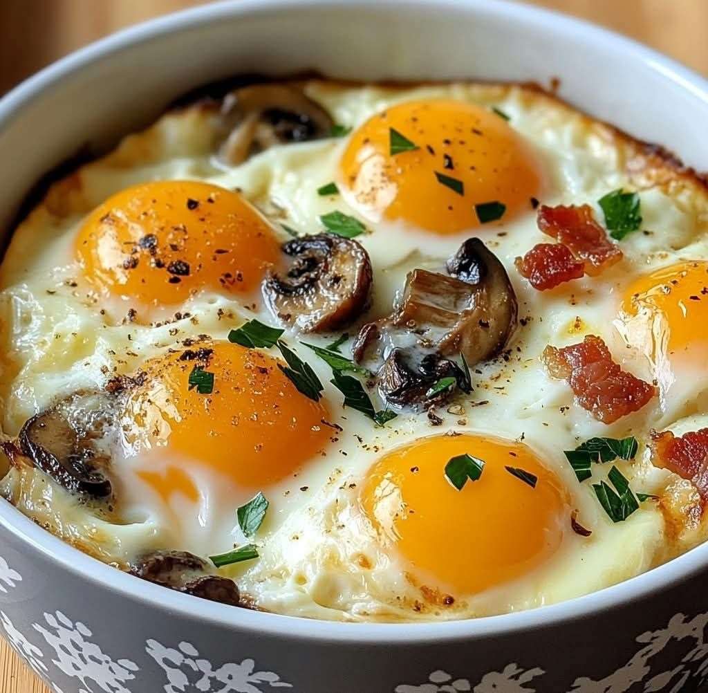 Ramequins d’œufs cocotte aux champignons et lardons avec crème et fromage gratiné, jaunes coulants et ciboulette fraîche.