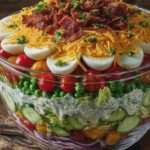 Grande salade sept étages américaine dans un saladier transparent avec couches de laitue, légumes, œufs, cheddar et bacon croustillant.