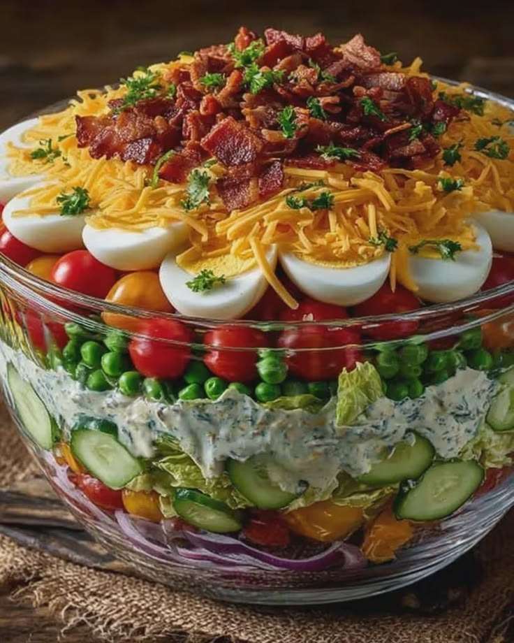 Grande salade sept étages américaine dans un saladier transparent avec couches de laitue, légumes, œufs, cheddar et bacon croustillant.