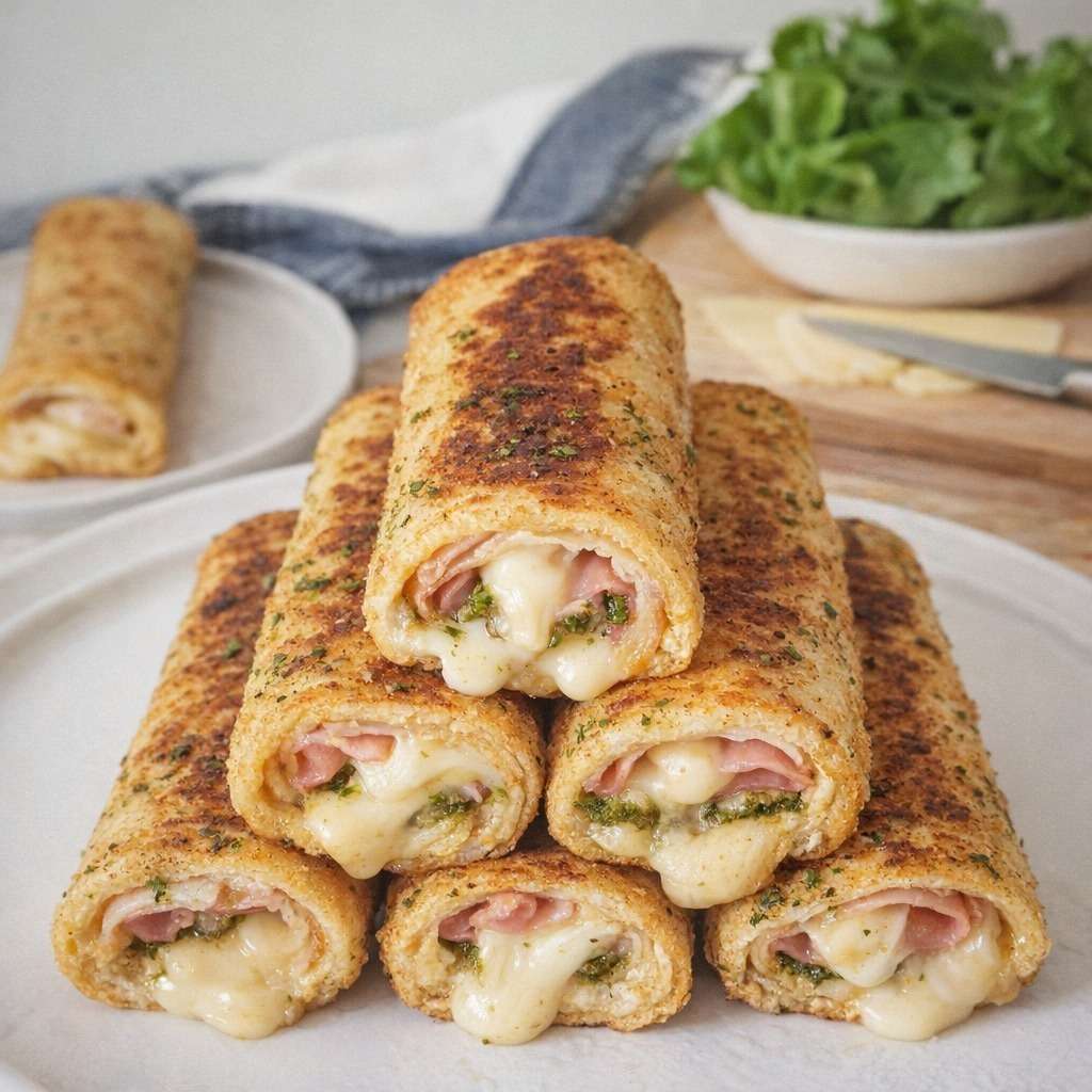 Pain perdu salé jambon-fromage au pesto et mozzarella, doré à la poêle, garni de jambon blanc, mozzarella fondante et tomates confites, servi chaud avec salade verte.