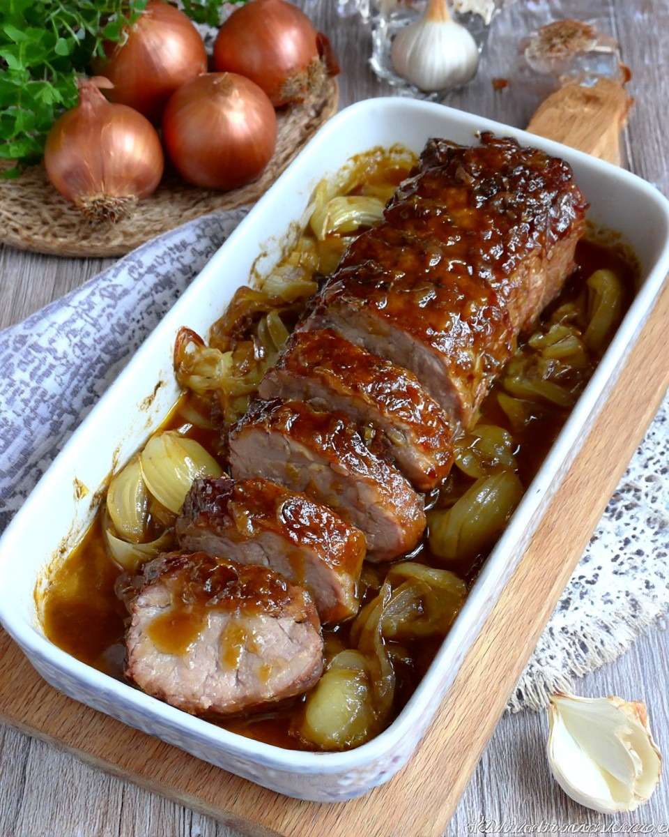 Rôti de porc au miel et aux oignons fondants servi en tranches avec sauce brillante, oignons caramélisés et herbes, présenté dans un plat rustique.