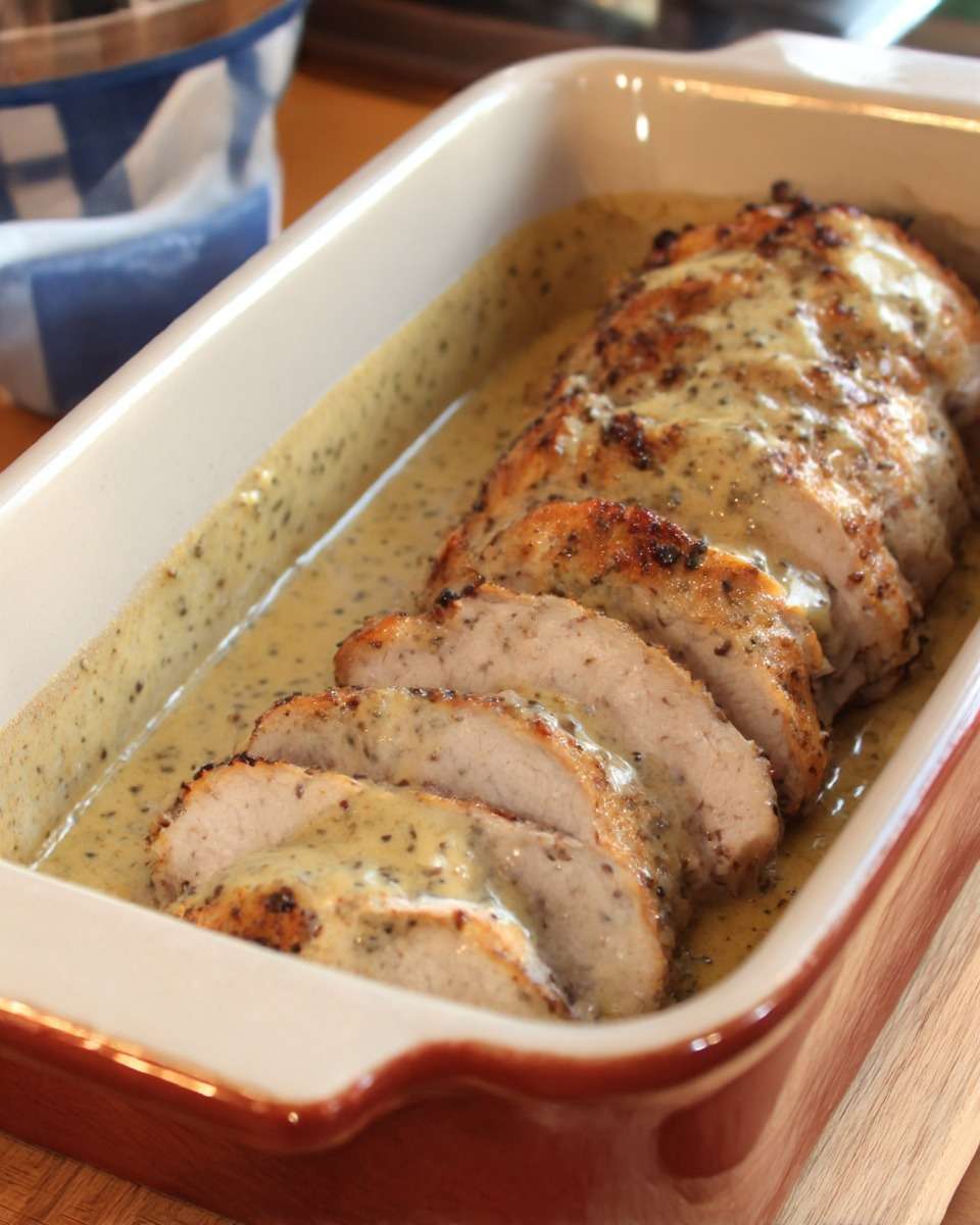 Tranches de rôti de porc nappées de sauce moutarde crémeuse dans une cocotte avec oignons fondants et herbes, servies avec pommes de terre.