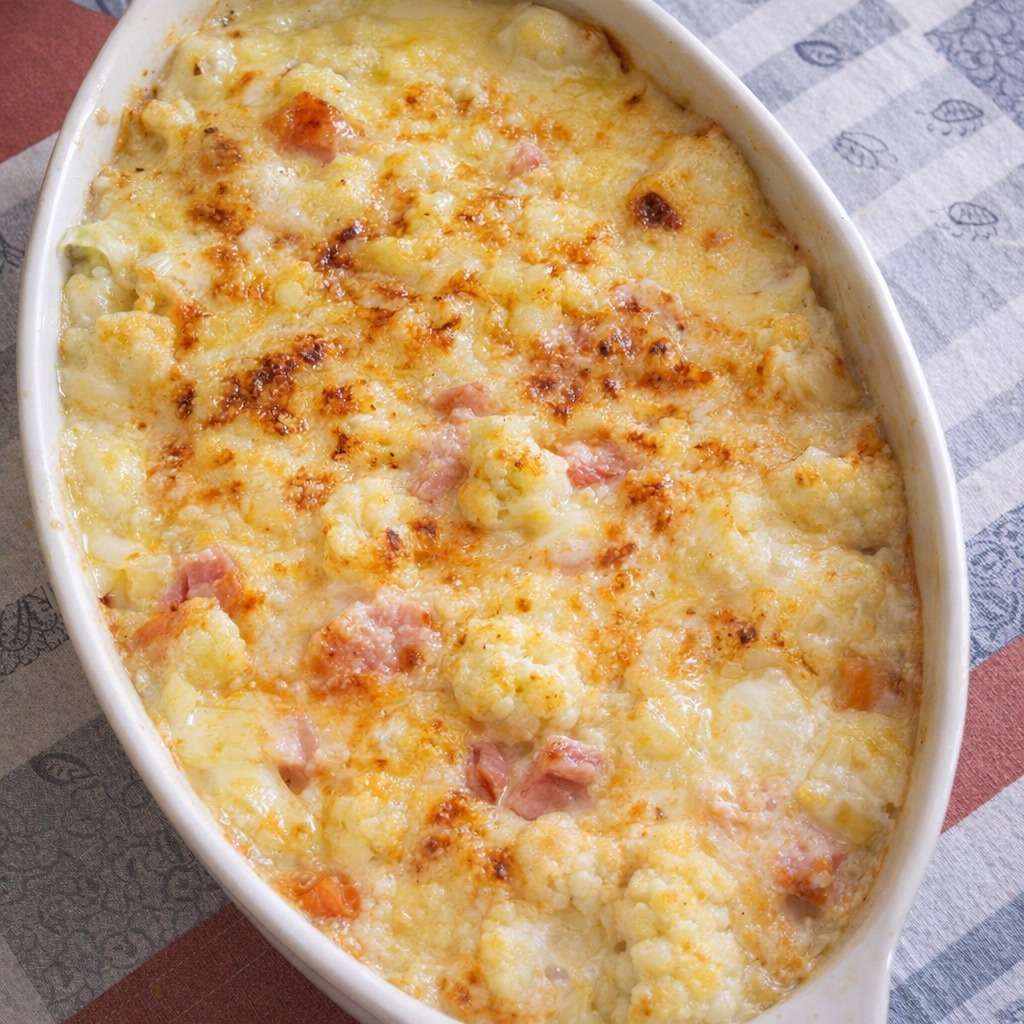 Gratin de chou-fleur au jambon maigre et mozzarella légère doré au four, servi dans un plat gratiné avec sauce crémeuse légère et herbes fraîches.