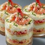 Verrines crémeuses aux crevettes avec fromage frais citronné, crackers croustillants et ciboulette, décorées d’une crevette entière et paprika.