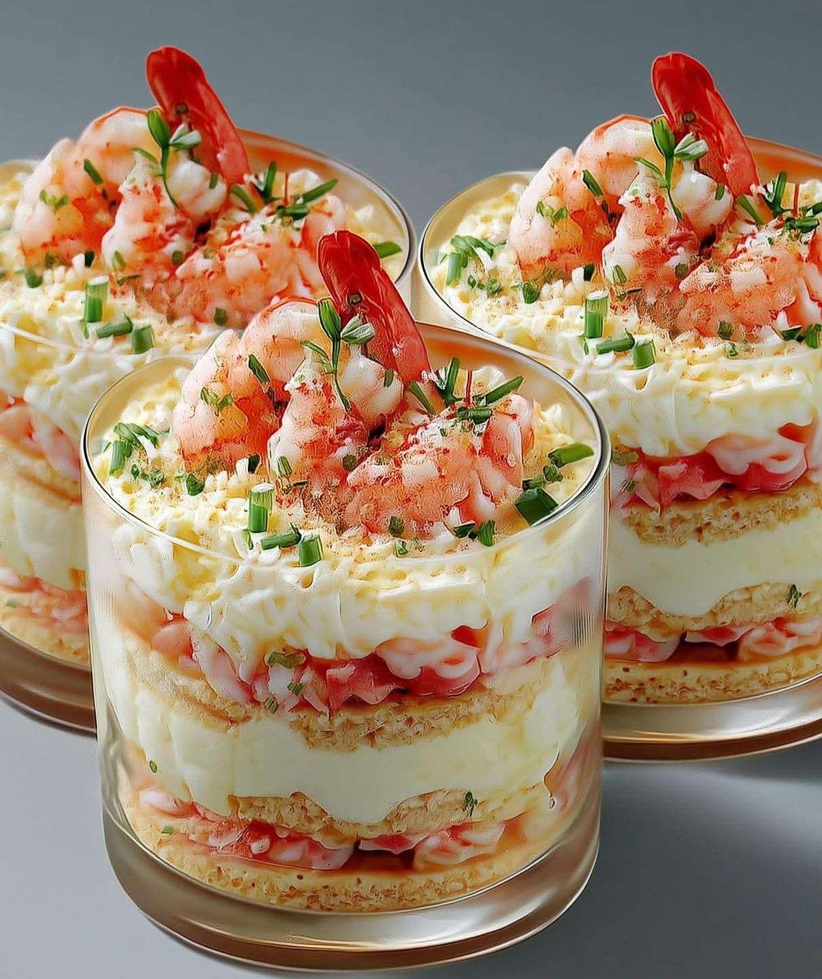 Verrines crémeuses aux crevettes avec fromage frais citronné, crackers croustillants et ciboulette, décorées d’une crevette entière et paprika.