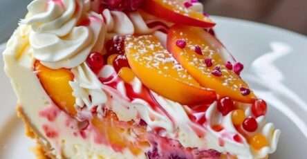 Cheesecake crémeux aux pêches et framboises sur base biscuitée croustillante, décoré de fruits frais et coulis de fruits rouges.