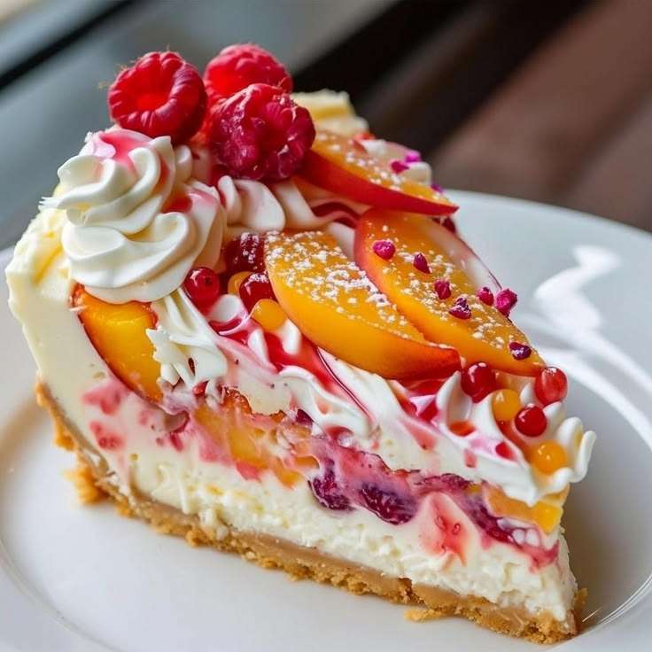 Cheesecake crémeux aux pêches et framboises sur base biscuitée croustillante, décoré de fruits frais et coulis de fruits rouges.