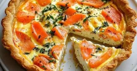 Quiche au saumon fumé dorée au four avec pâte croustillante et garniture crémeuse aux herbes, servie en parts sur une assiette.