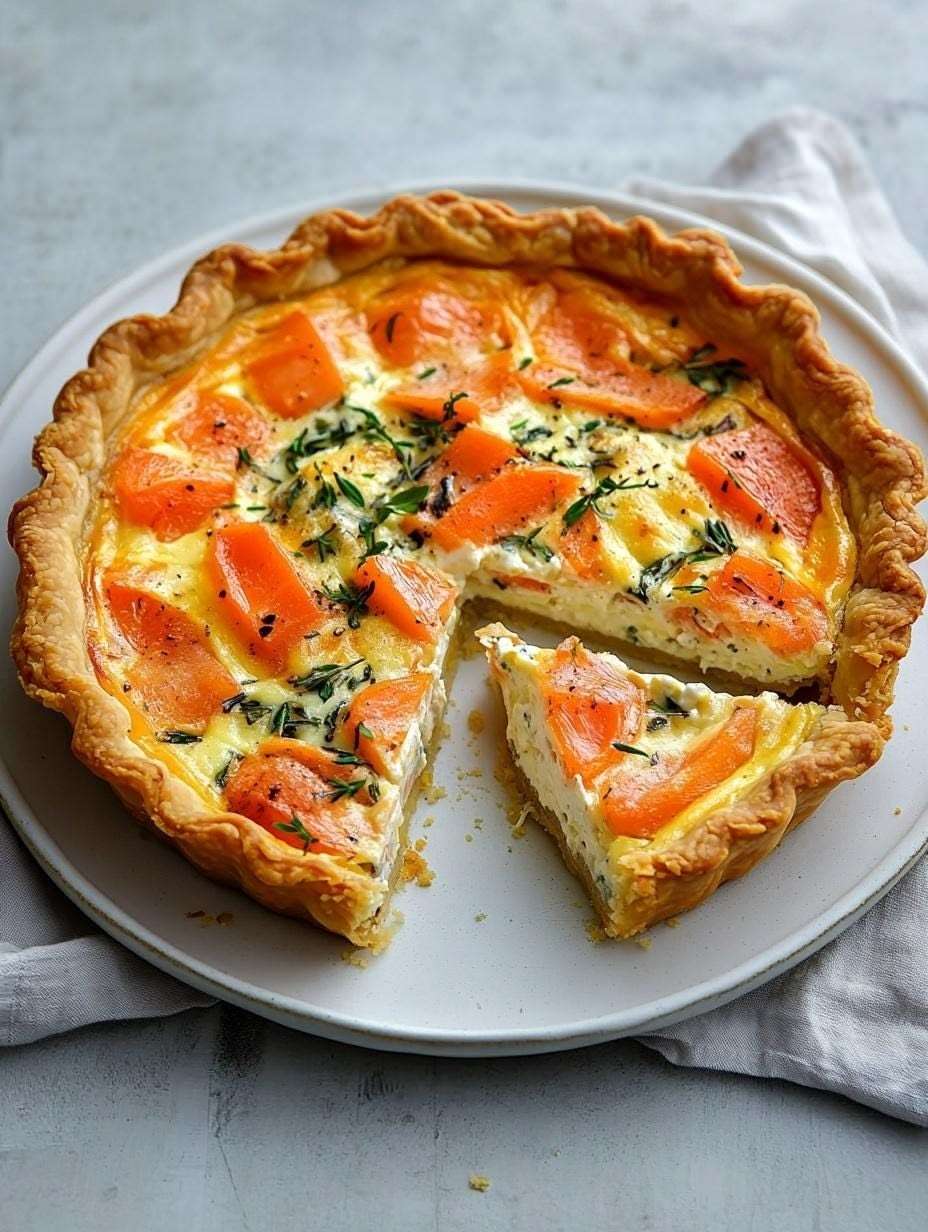 Quiche au saumon fumé dorée au four avec pâte croustillante et garniture crémeuse aux herbes, servie en parts sur une assiette.