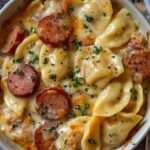 Crockpot Pierogi Casserole avec kielbasa fumée, pierogi fondants, sauce crémeuse au cheddar, oignons dorés et persil frais dans une mijoteuse