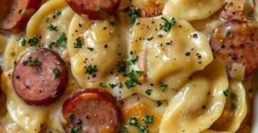 Crockpot Pierogi Casserole avec kielbasa fumée, pierogi fondants, sauce crémeuse au cheddar, oignons dorés et persil frais dans une mijoteuse