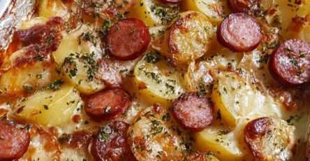 gratin de pommes de terre et saucisse fumée au fromage doré au four avec sauce crémeuse et persil frais dans un plat à gratin rustique