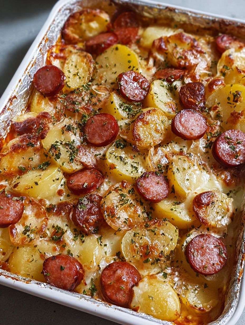 gratin de pommes de terre et saucisse fumée au fromage doré au four avec sauce crémeuse et persil frais dans un plat à gratin rustique