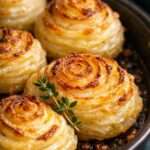 roses de pommes de terre croustillantes au parmesan dorées au four avec bords croustillants et centre fondant dans un moule à muffins