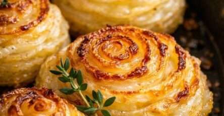 roses de pommes de terre croustillantes au parmesan dorées au four avec bords croustillants et centre fondant dans un moule à muffins