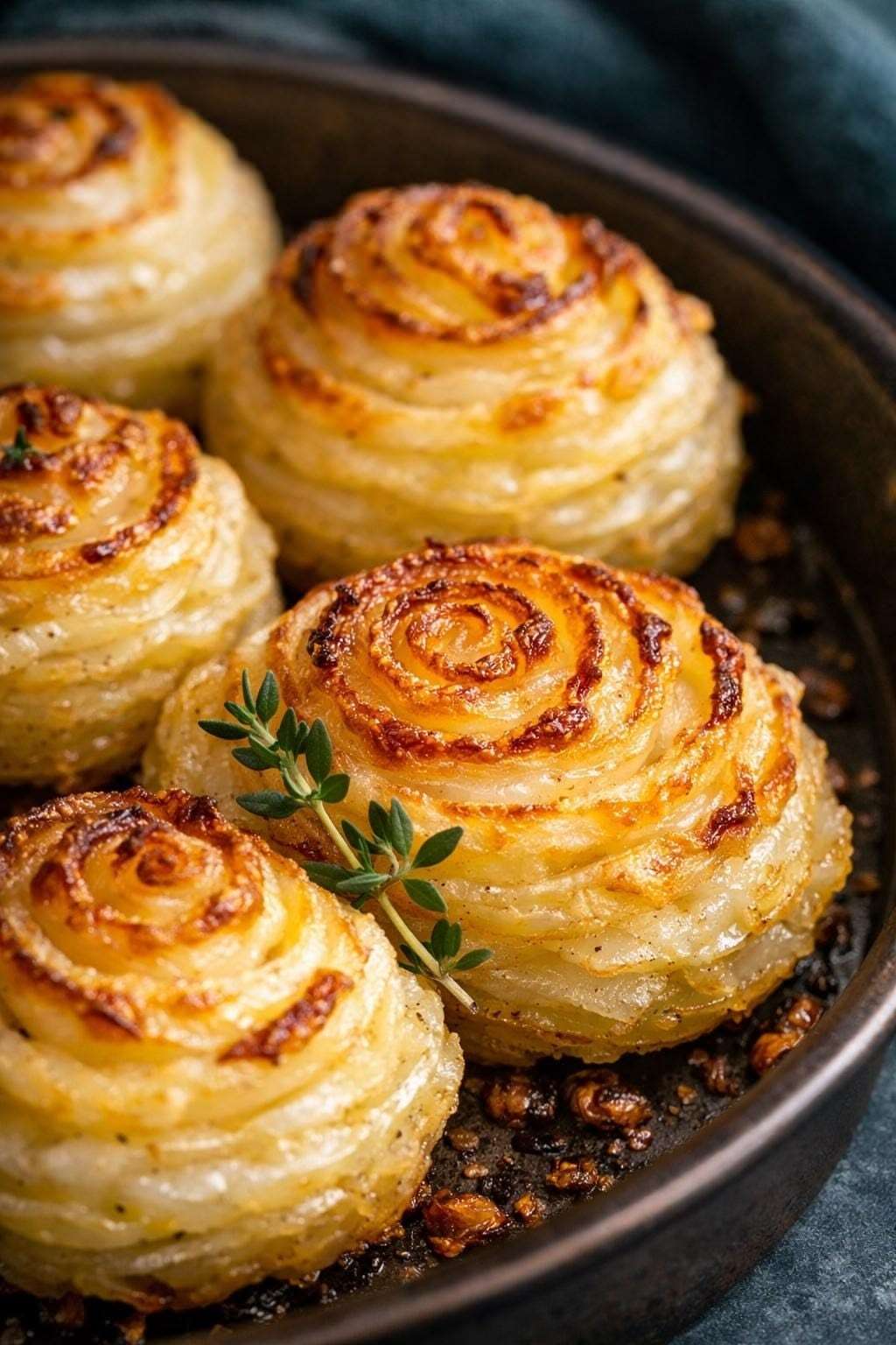 roses de pommes de terre croustillantes au parmesan dorées au four avec bords croustillants et centre fondant dans un moule à muffins