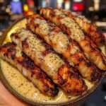 bâtonnets de cabillaud dorés au beurre d’ail avec sauce crémeuse au citron et persil frais servis dans une poêle