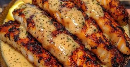 bâtonnets de cabillaud dorés au beurre d’ail avec sauce crémeuse au citron et persil frais servis dans une poêle